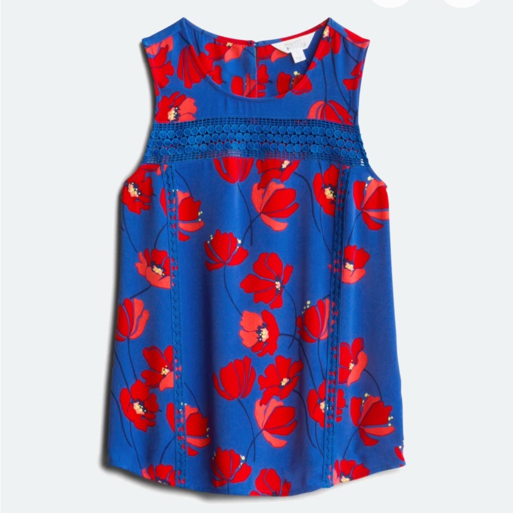 Market & Spruce Blue Sleeveless Top with Red Poppy Floral Pattern
